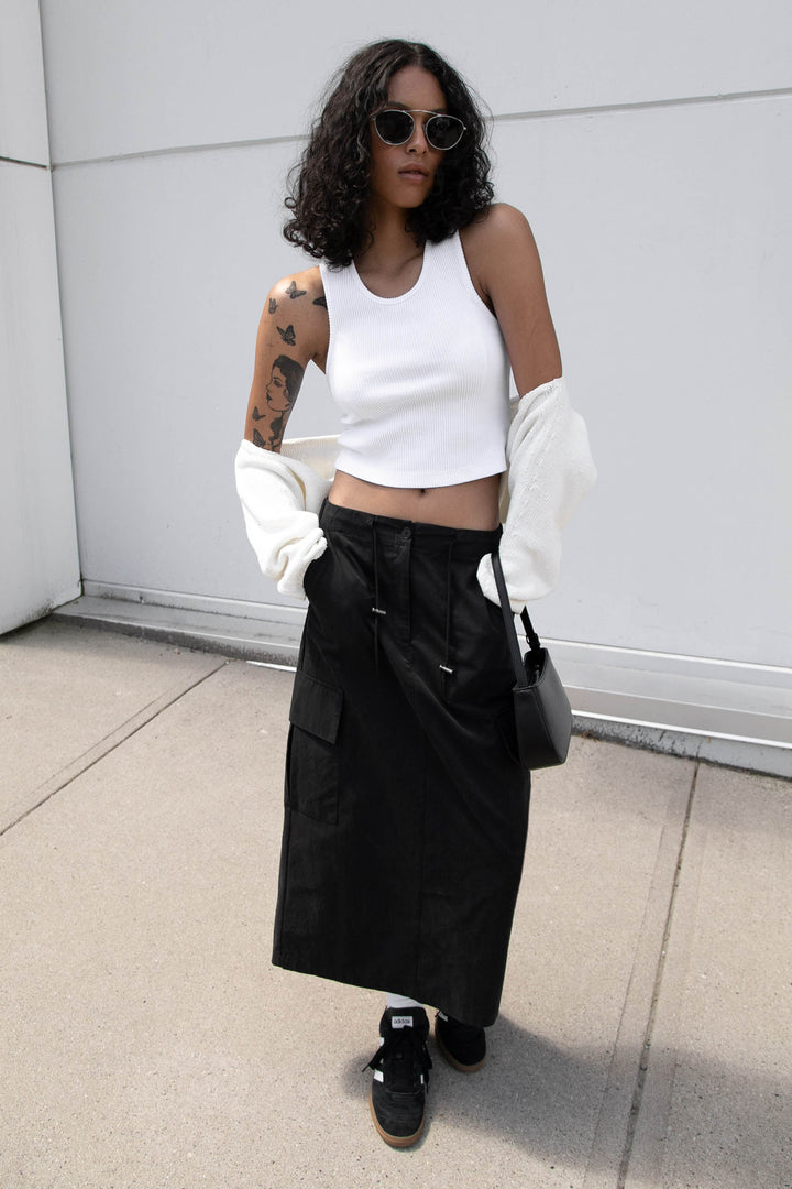 COTTON NYLON MIDI CARGO SKIRT in Black — alternate angle