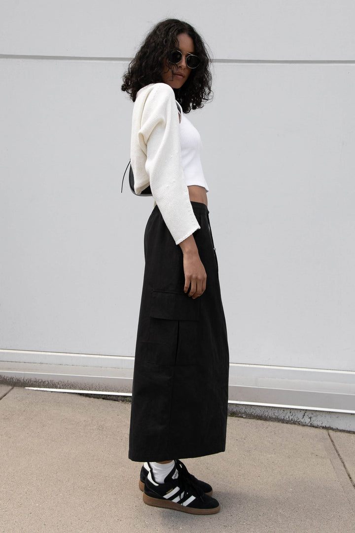 COTTON NYLON MIDI CARGO SKIRT in Black — alternate angle