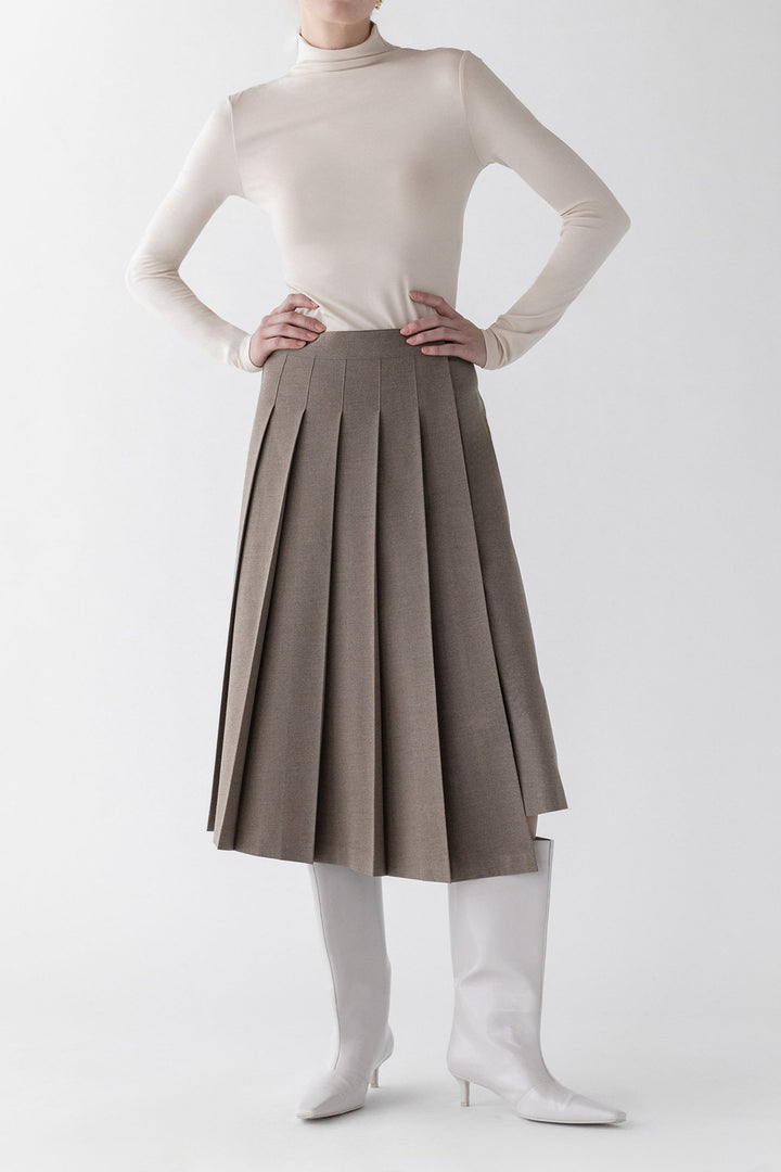 MIDI PLEATED ASYMMETRICAL SKIRT in Taupe — alternate angle