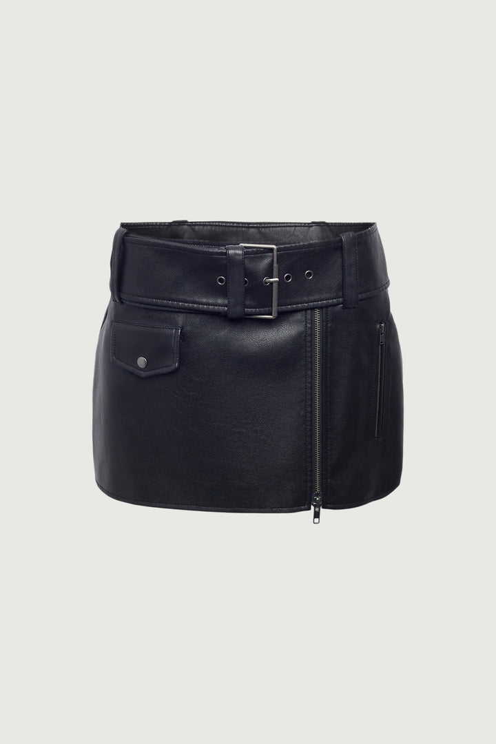 VEGAN LEATHER MOTO MINI SKIRT in Vintage Brown — alternate angle