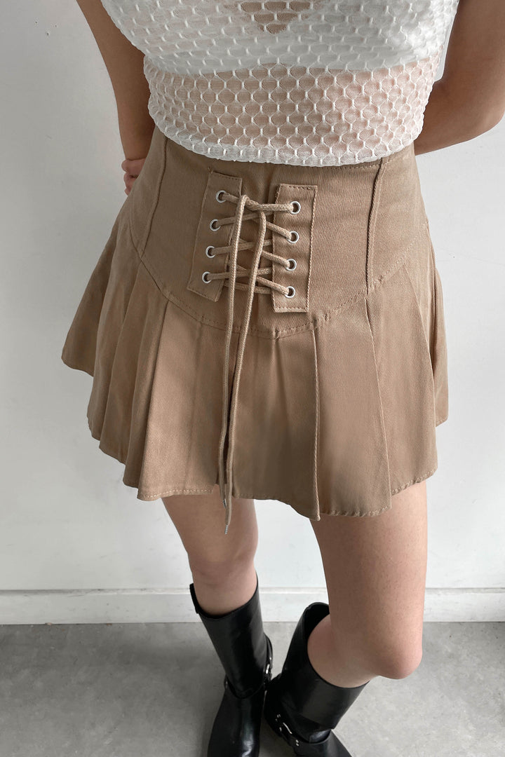 PLEATED TWILL MINI SKIRT in Tan — alternate angle