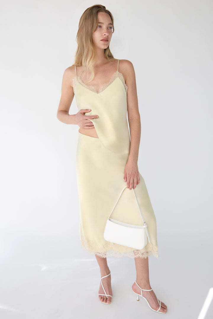 LACE TRIM SATIN MIDI SKIRT in Yellow Haze — alternate angle