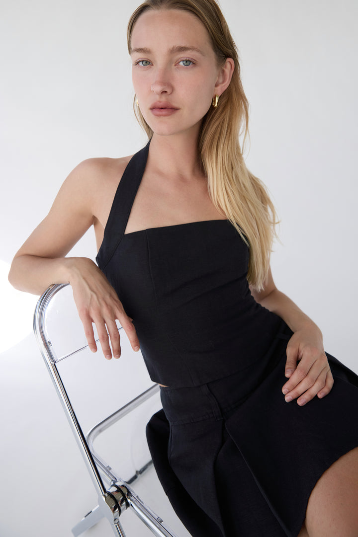 LINEN BLEND PLEATED MINI SKIRT in Black — alternate angle