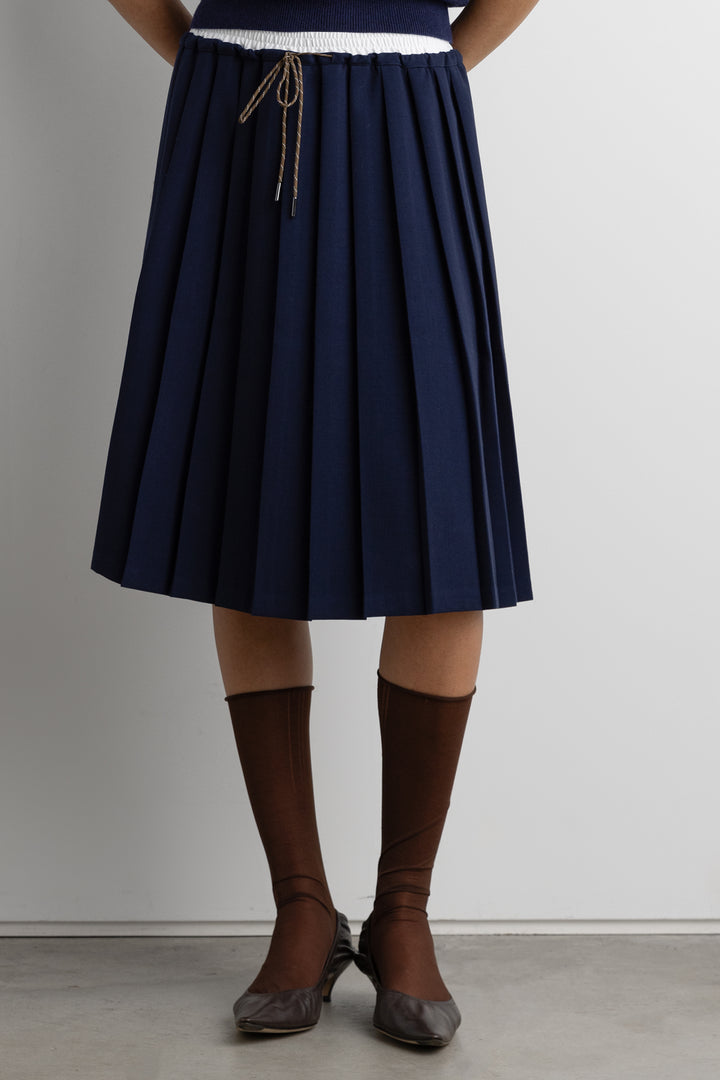 EXPOSED WAIST PLEATED MIDI SKIRT in Navy Blazer — alternate angle