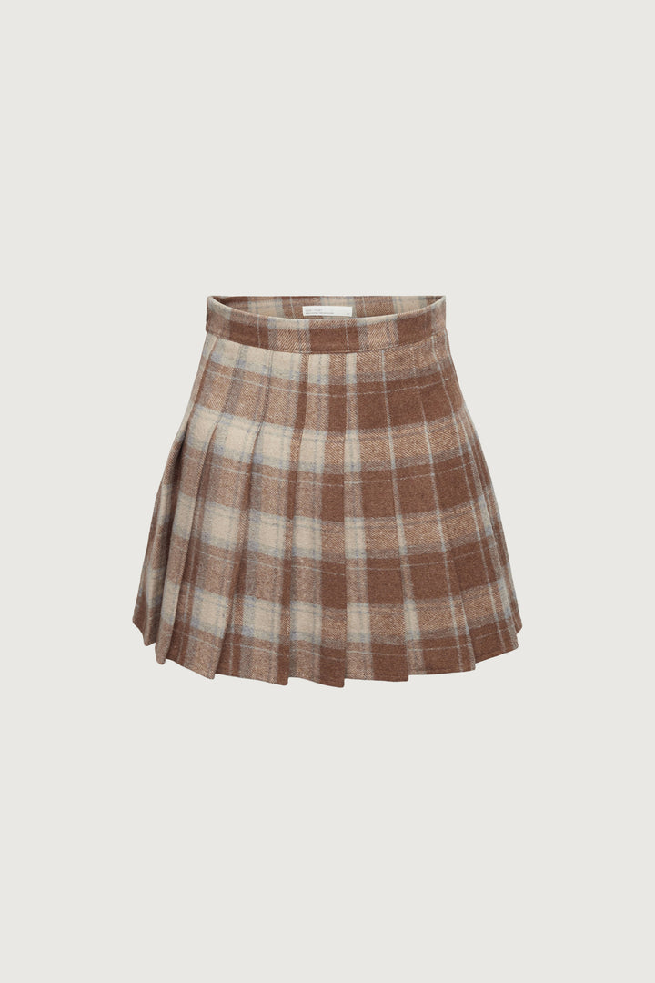 PLEATED PLAID MINI SKIRT in Brown plaid — alternate angle