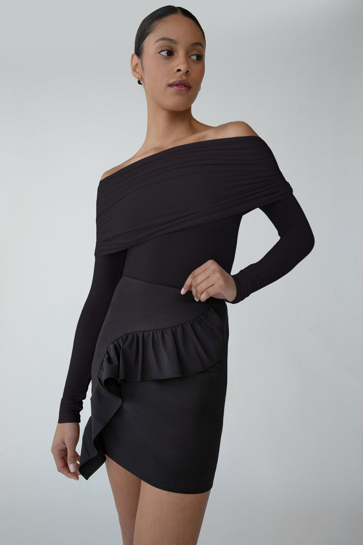 MINI SKIRT WITH CURVED RUFFLE in Black — alternate angle