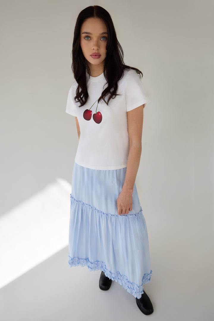 TIERED RUFFLE MAXI SKIRT in Light Blue — alternate angle