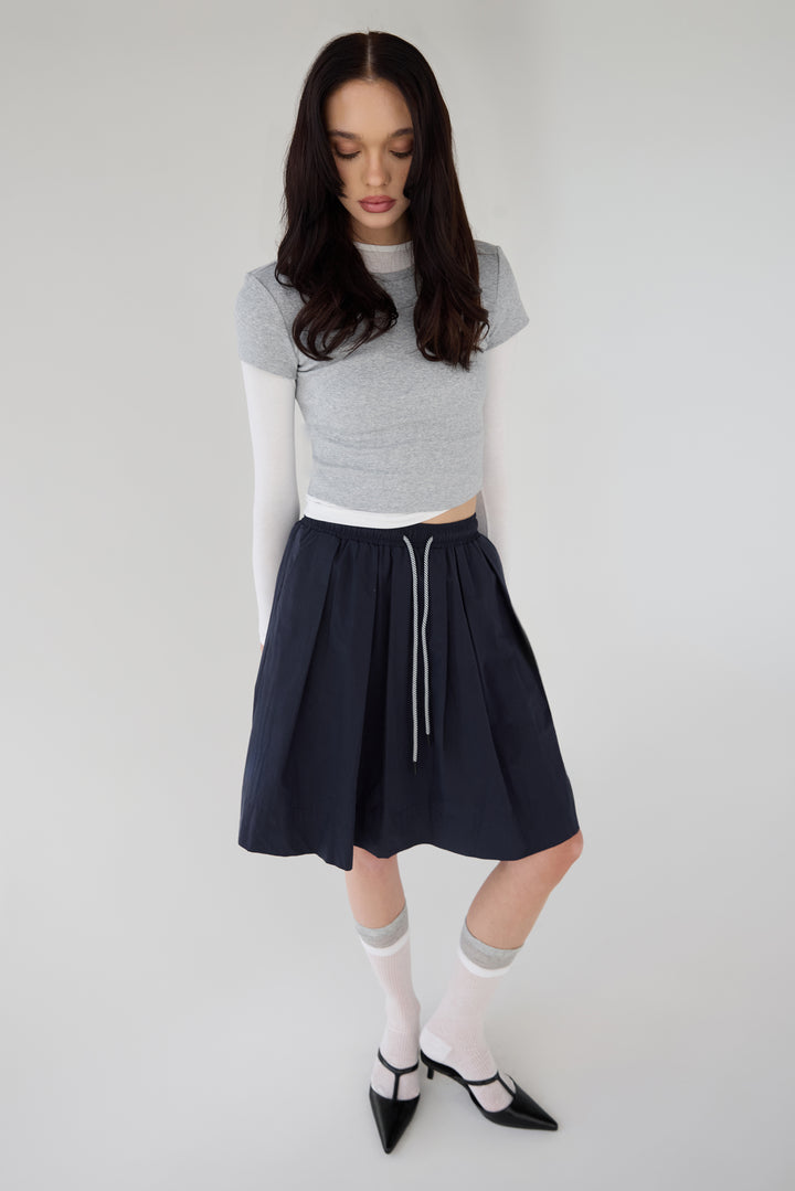 PLEATED DRAWSTRING MIDI SKIRT in Navy — alternate angle