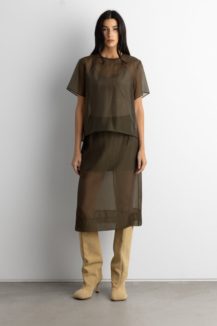 SHEER ORGANZA MIDI SKIRT in Dark Olive — alternate angle