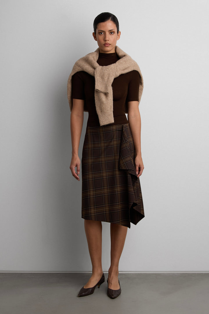 WOVEN PRINT MIDI SKIRT WITH ASYMMETRIC HEM in Brown plaid — alternate angle