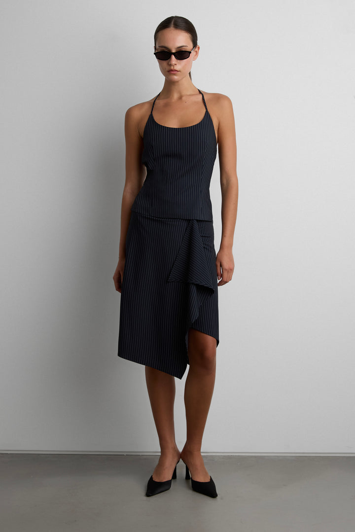 WOVEN PRINT MIDI SKIRT WITH ASYMMETRIC HEM in Navy Pinstripe — alternate angle