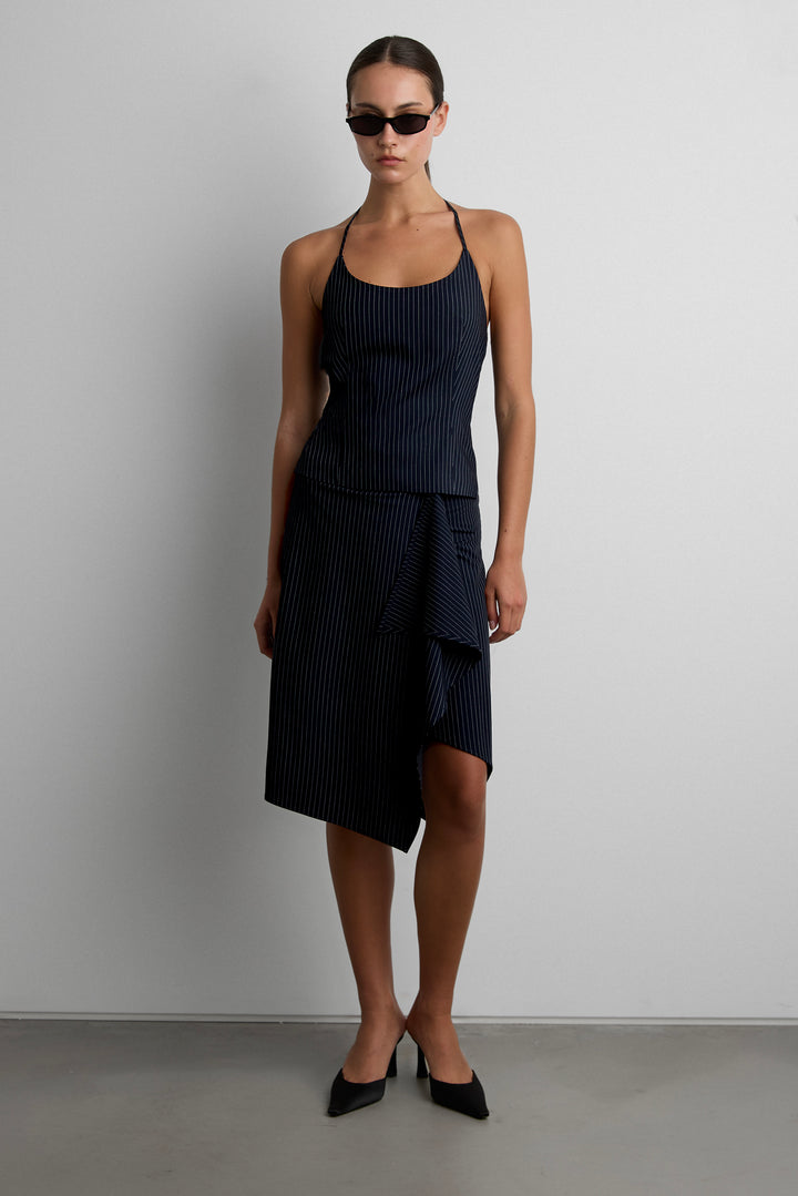 WOVEN PRINT MIDI SKIRT WITH ASYMMETRIC HEM in Navy Pinstripe — alternate angle