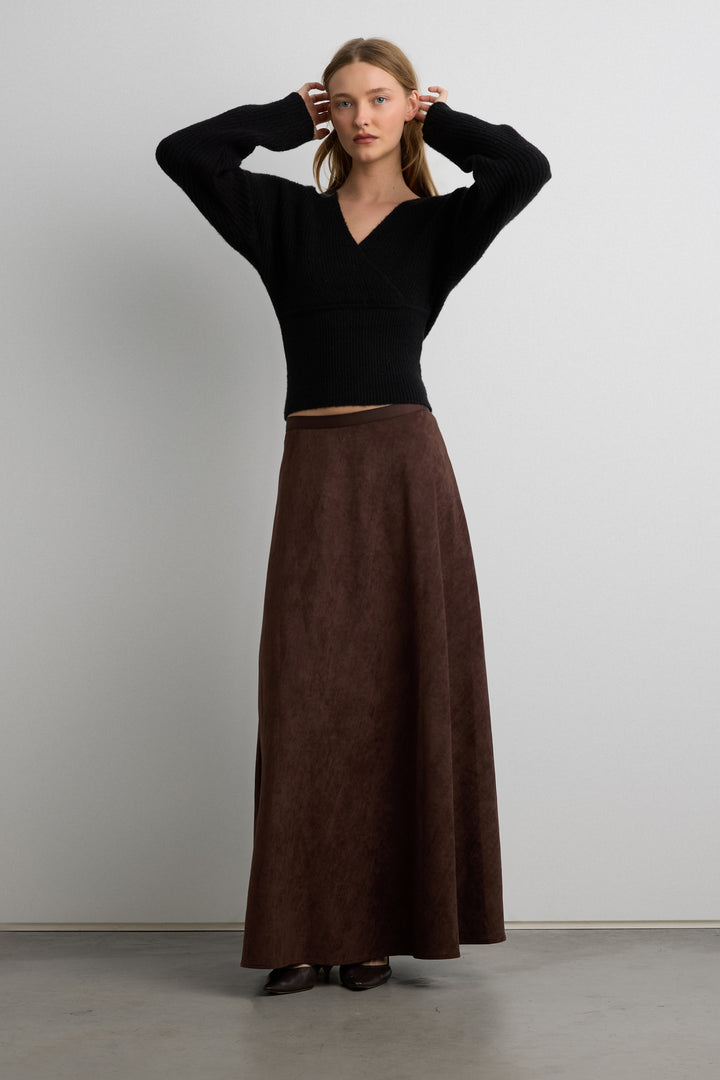 SUEDE EFFECT MIDI SKIRT in Brown — alternate angle