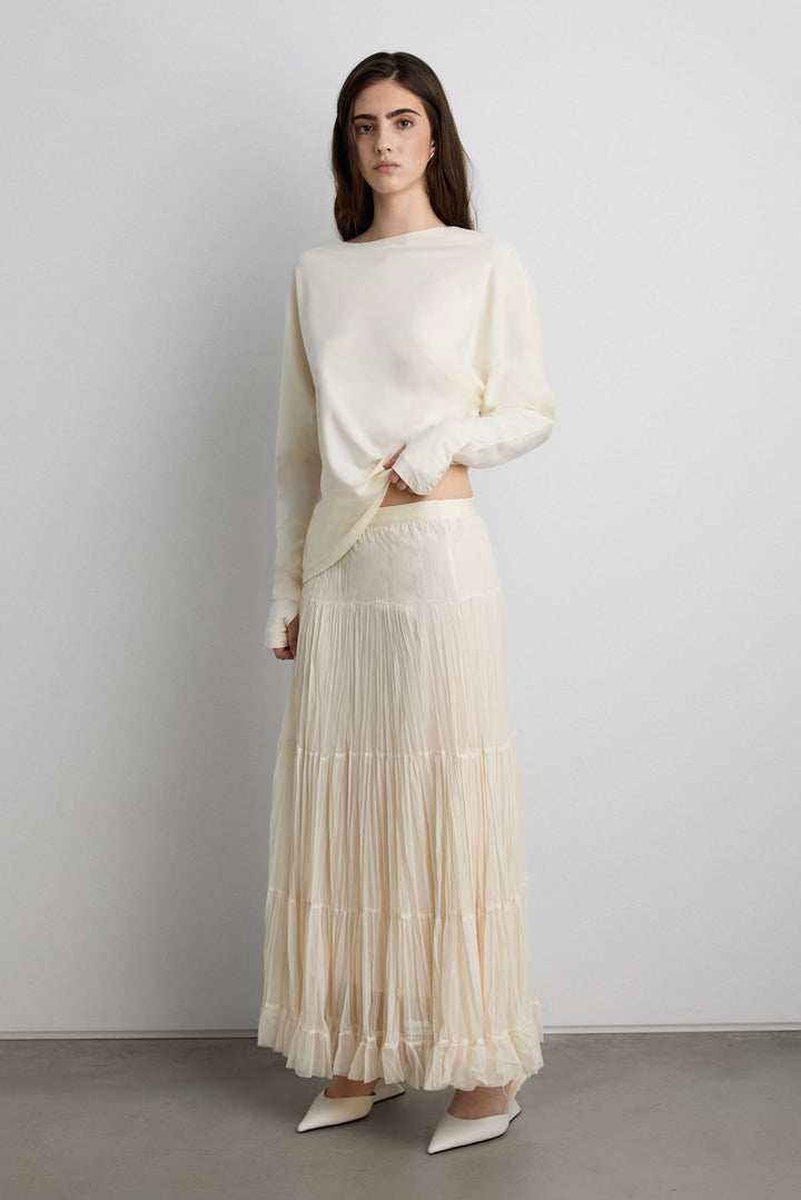 TIERED PLEATED MESH MAXI SKIRT