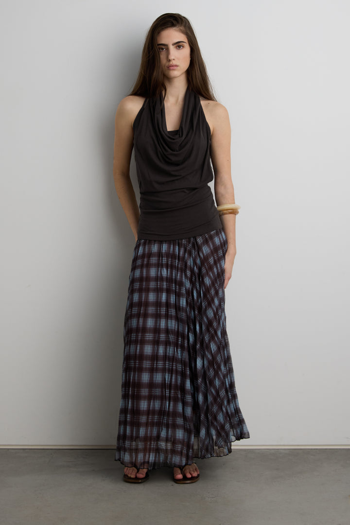 BLUE PLAID ACCORDION PLEAT MIDI SKIRT