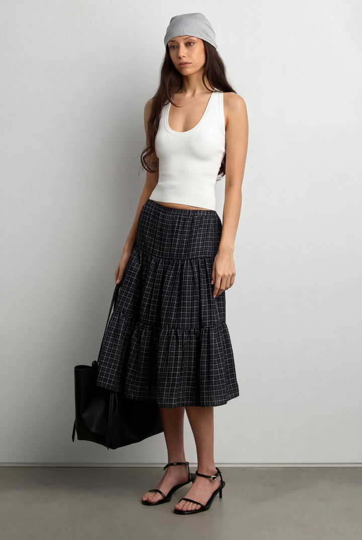 VINTAGE PLAID TIERED MIDI SKIRT in Black Plaid — alternate angle