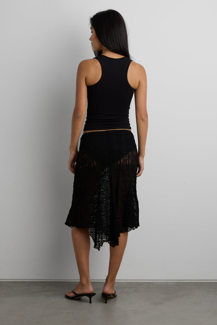 ASYMMETRICAL LACE MIDI SKIRT in Black — alternate angle