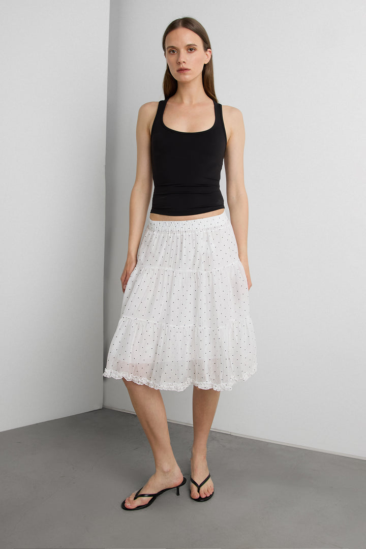 SHEER POLKA DOT MIDI SKIRT WITH RUFFLED HEM DETAIL in White — alternate angle