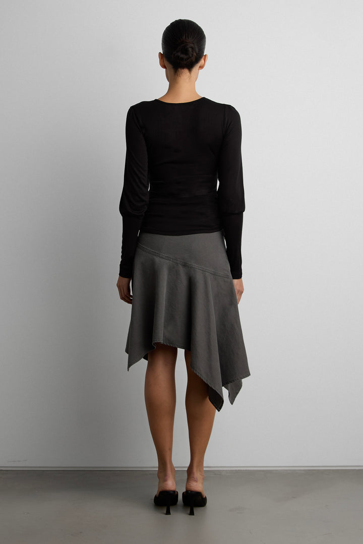 ASYMMETRICAL GODET MINI SKIRT in Charcoal — alternate angle