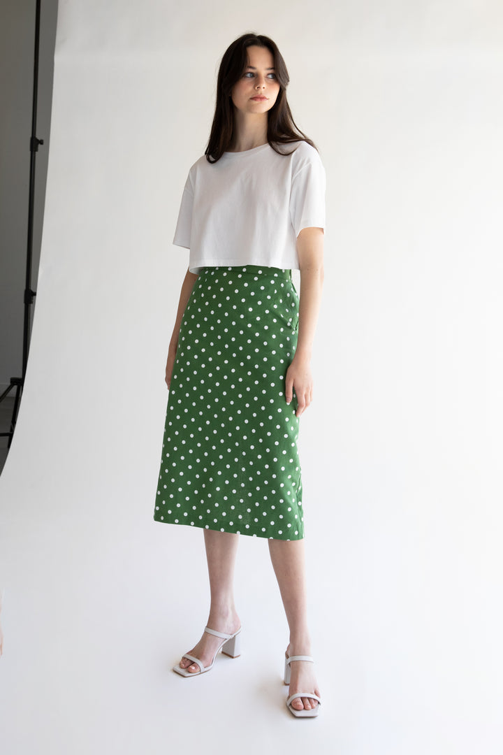 POLKA DOT COTTON LINEN SKIRT in Green — alternate angle