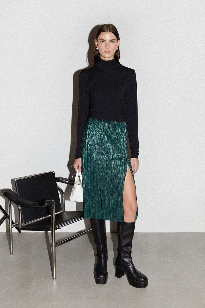 SPARKLY PLEATED MIDI SKIRT in Seamoss Shimmer — alternate angle