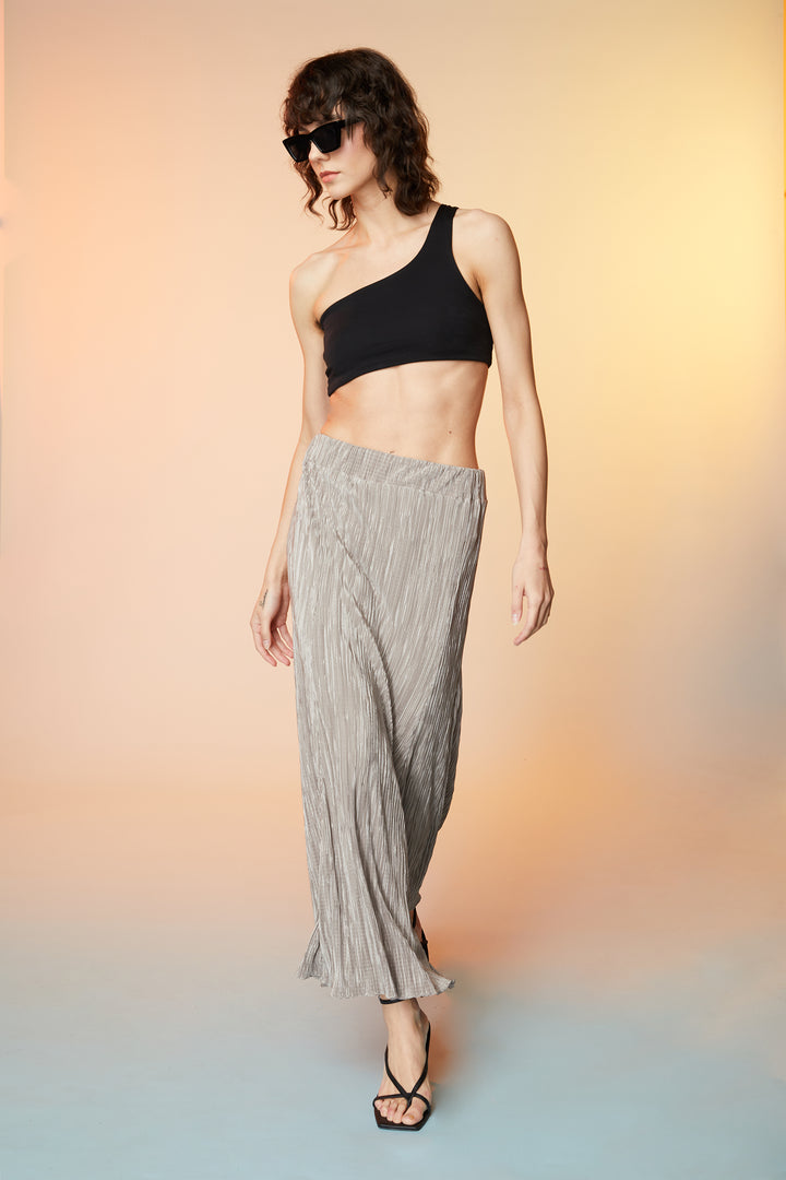 PLEATED MIDI SKIRT in Taupe — alternate angle