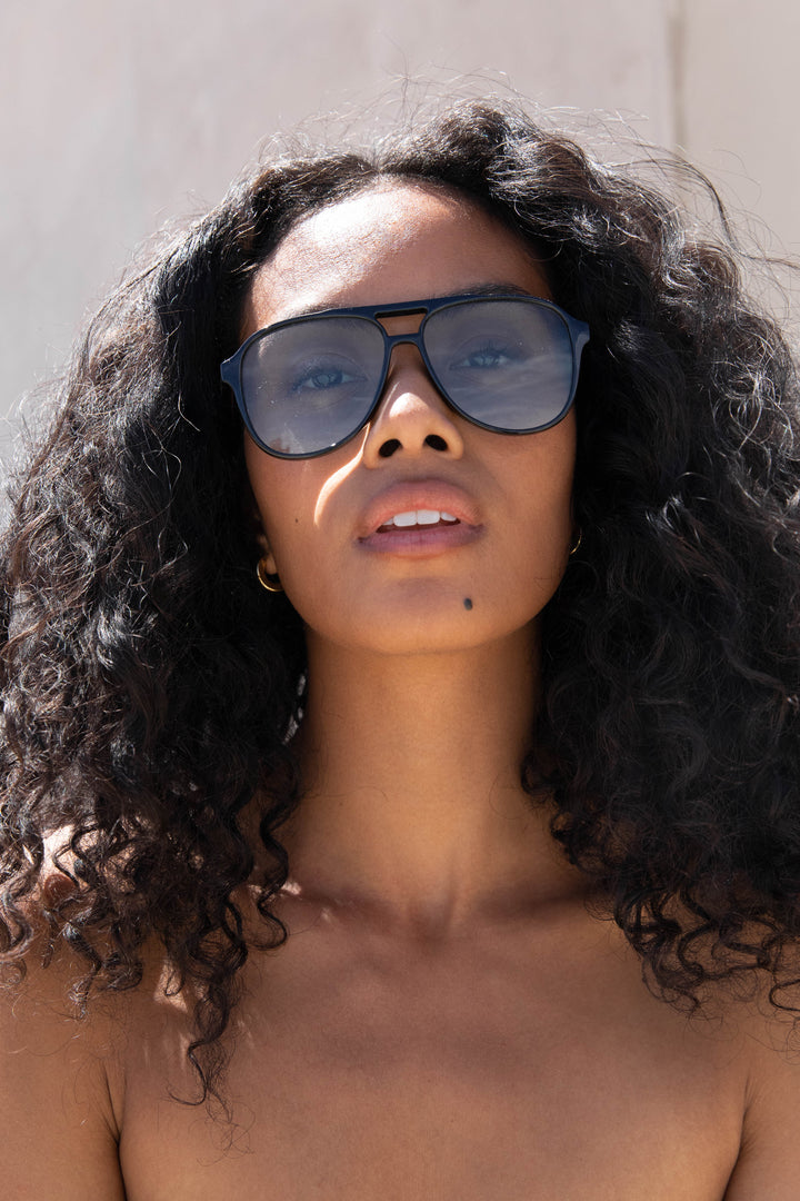 COLOURED LENS AVIATOR SUNGLASSES in Black Blue — alternate angle
