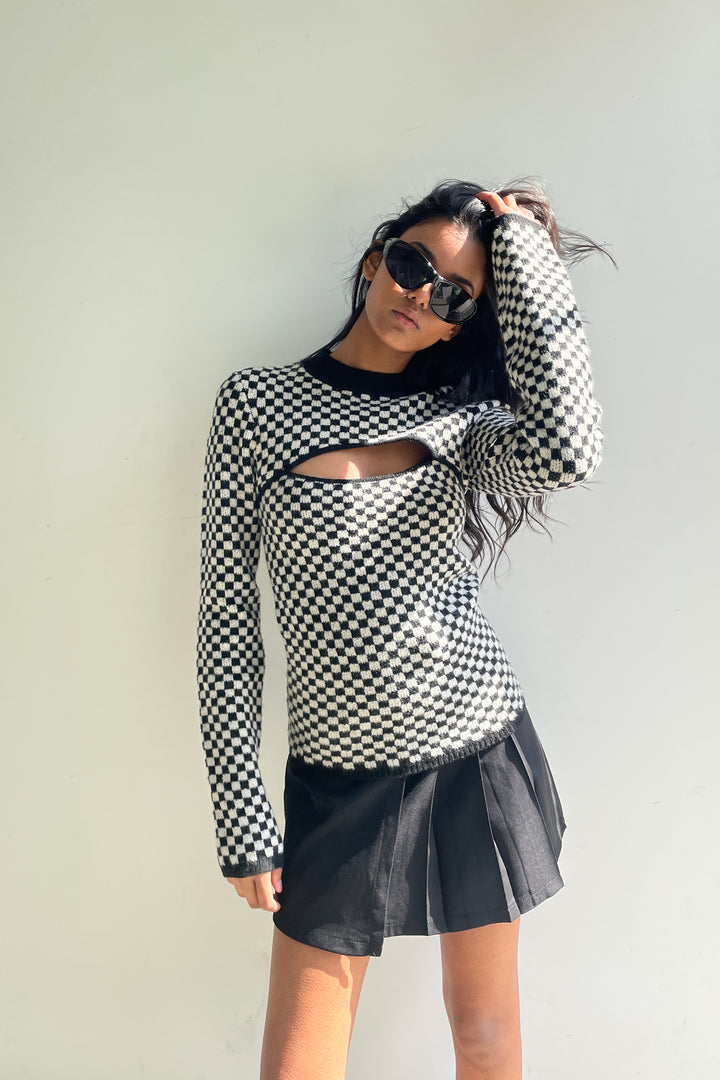 CHECKERED SWEATER WITH FRONT CUT-OUT in Black White Checker — alternate angle