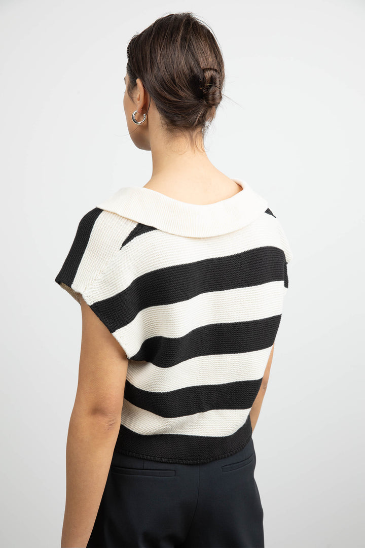 CROPPED STRIPED COLLARED SWEATER in Cream Ultramarine — alternate angle