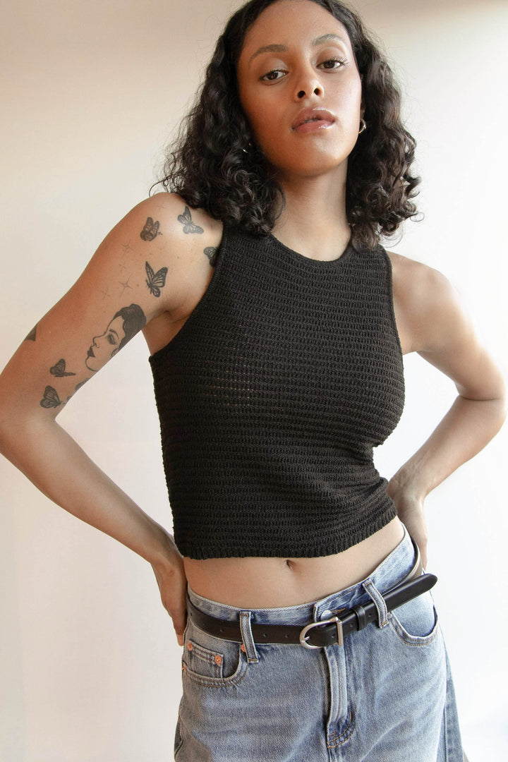 CROCHET KNIT TANK in Black — alternate angle