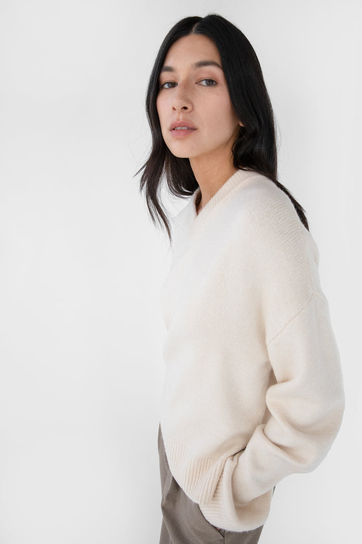 V-NECK SWEATER in PEARLED IVORY — alternate angle