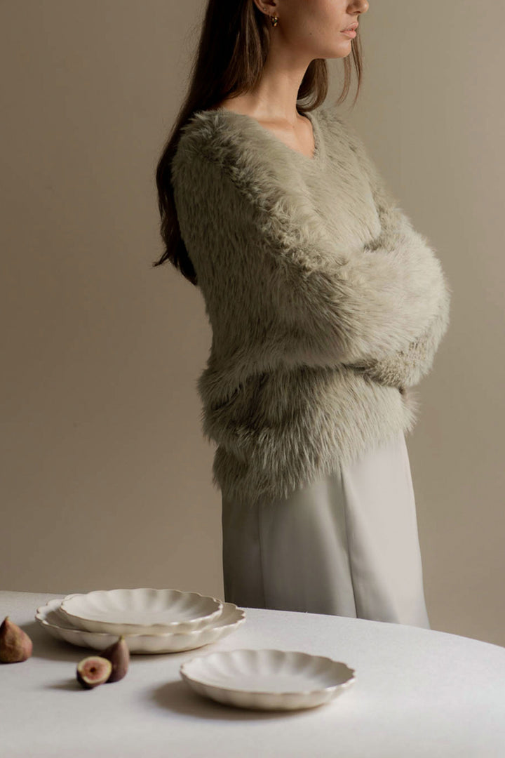 FUZZY V-NECK SWEATER in Laurel Oak — alternate angle