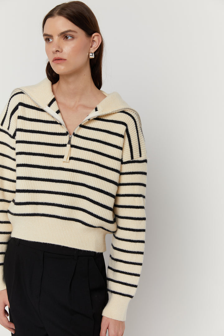 STRIPED HALF ZIP SWEATER in Cream Stripe — alternate angle