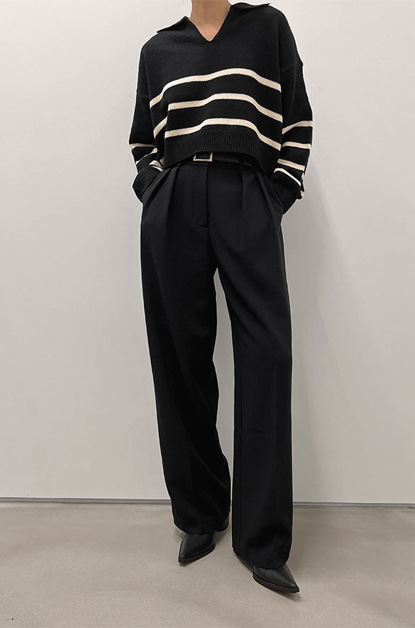 COLLARED STRIPE SWEATER in Black Cream — alternate angle