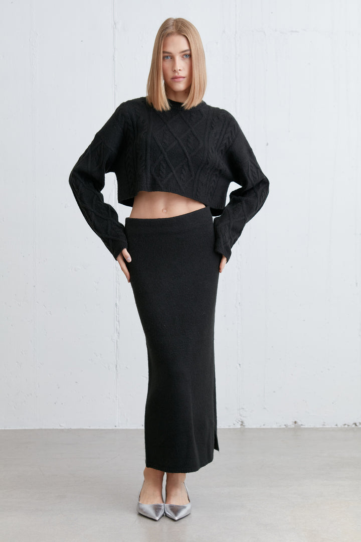 CROPPED CABLE KNIT SWEATER in Black — alternate angle