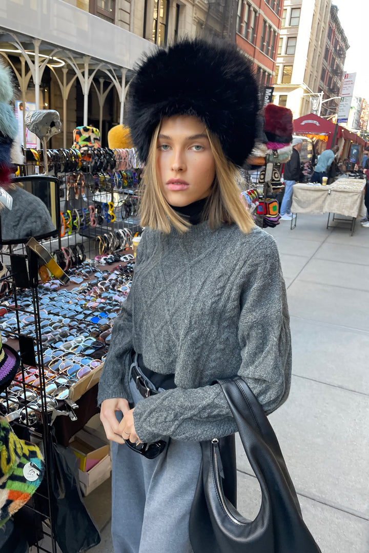 CROPPED CABLE KNIT SWEATER in Gunmetal — alternate angle