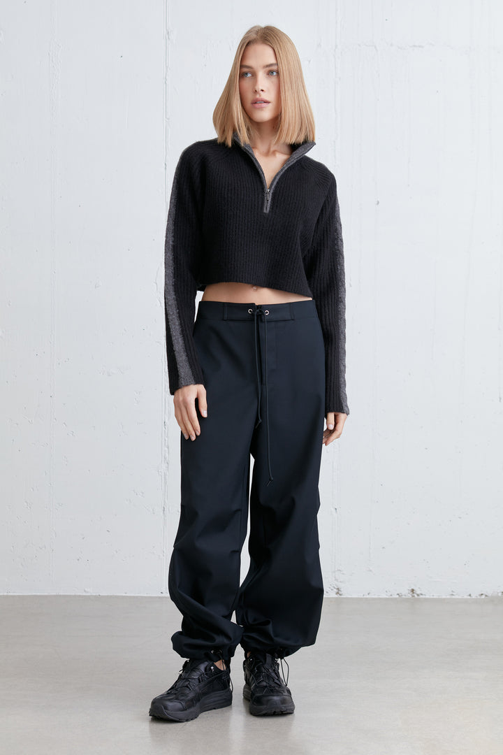 HALF ZIP SWEATER WITH CONTRAST DETAILS in Black Dark Heather Grey — alternate angle