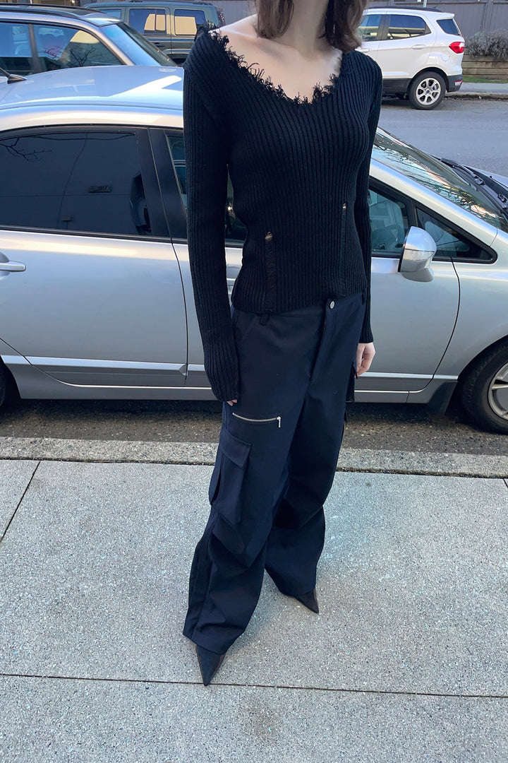 DISTRESSED V-NECK SWEATER in Black — alternate angle