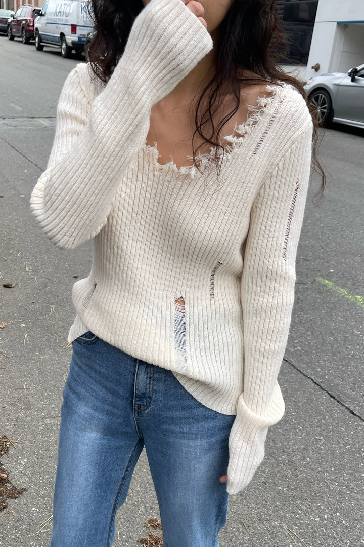 DISTRESSED V-NECK SWEATER in Cream — alternate angle