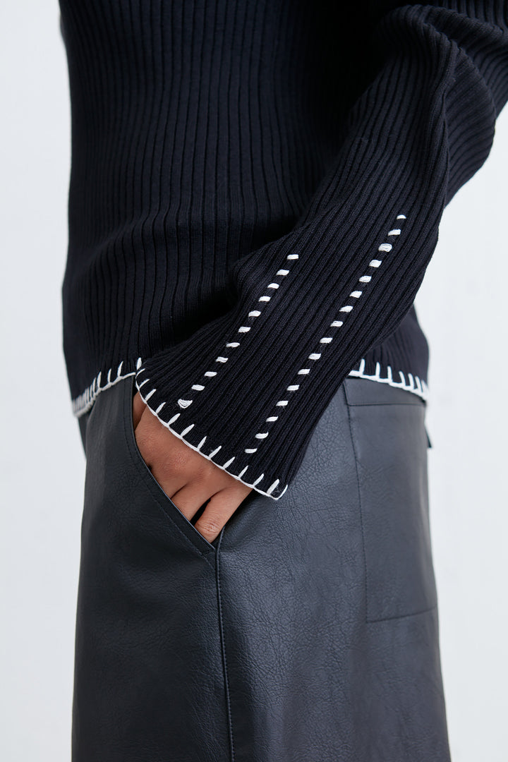 RIBBED SWEATER WITH CONTRAST STITCHING in Black Cream — alternate angle
