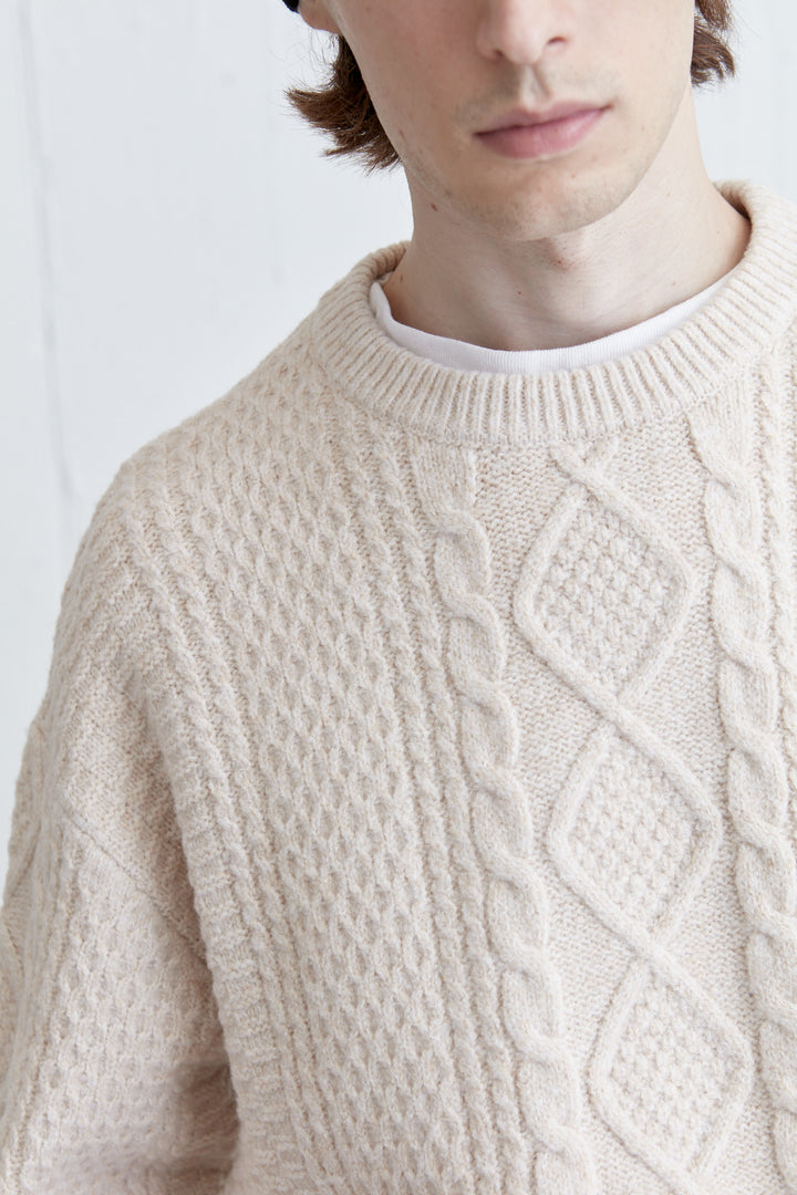 CABLE KNIT CREWNECK SWEATER in Oatmeal — alternate angle