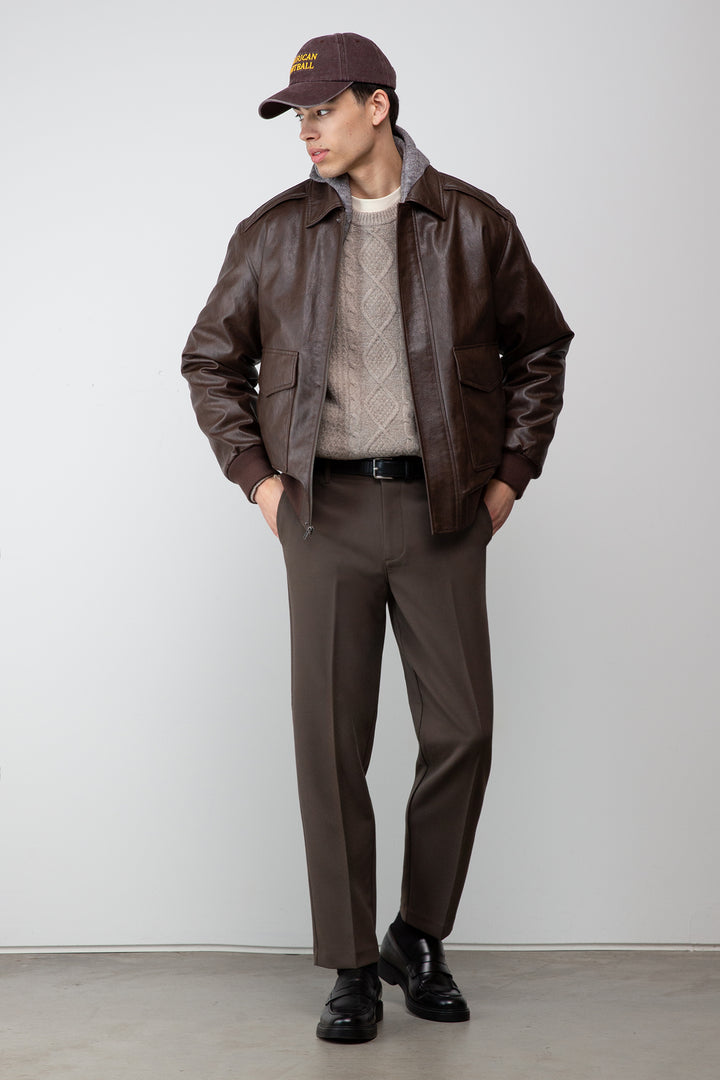 CABLE KNIT CREWNECK SWEATER in STUCCO — alternate angle