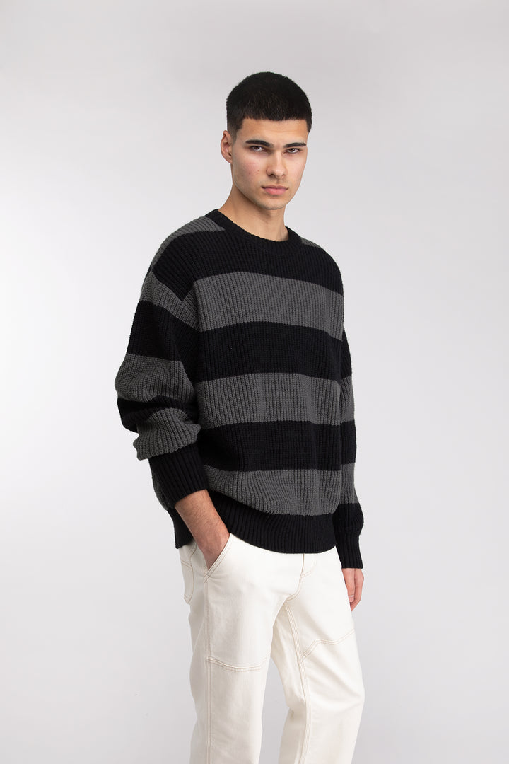 STRIPED CREWNECK SWEATER in Black Gunmetal Stripe — alternate angle