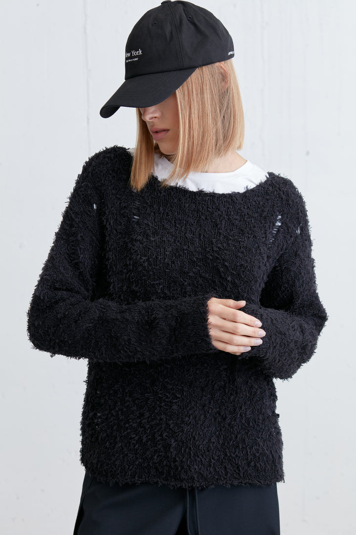 TEXTURED DISTRESSED SWEATER in Black — alternate angle