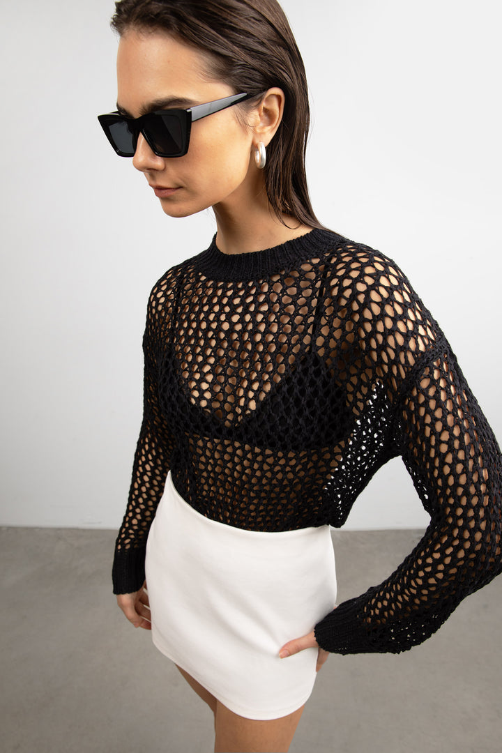 OVERSIZED CROCHET SWEATER in Black — alternate angle