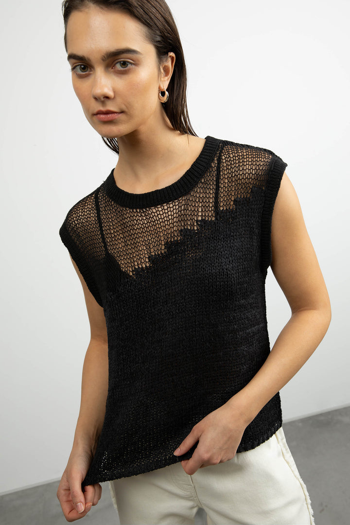 DISTRESSED SLEEVELESS SWEATER in Black — alternate angle