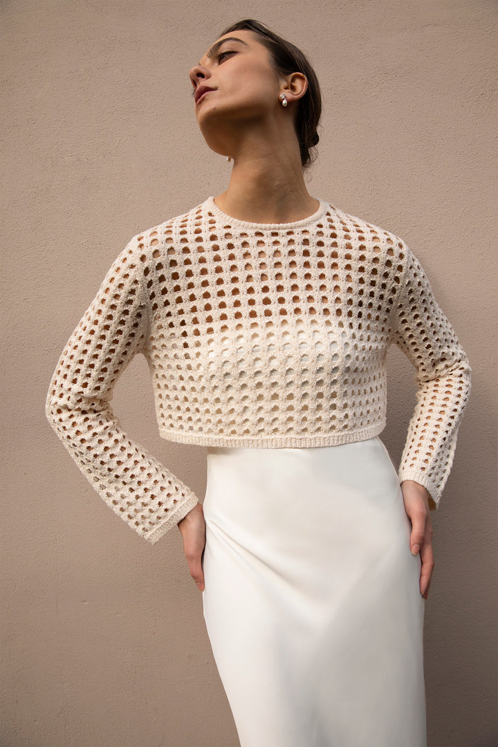 CROPPED CROCHET SWEATER in Birch — alternate angle