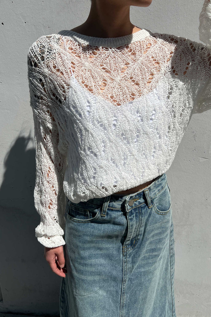 PATTERNED CROCHET SWEATER in White — alternate angle