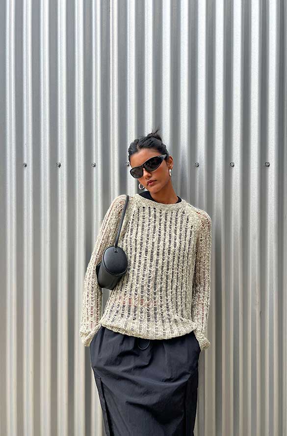 SHEER KNIT SWEATER in Taupe — alternate angle