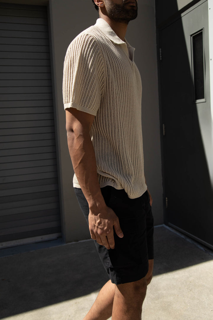 CROCHET COLLARED SHORT SLEEVE SWEATER in Fog — alternate angle